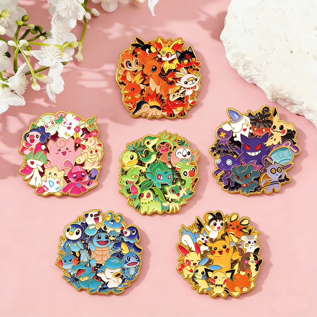 6 Stück Neue Kreative Pokemon-Elfen-Emaille-Pins Niedliche Pikachu Gengar Eevee Bulbasaur Squirtle Charmander Anstecknadeln Anime-Broschen Geschenk