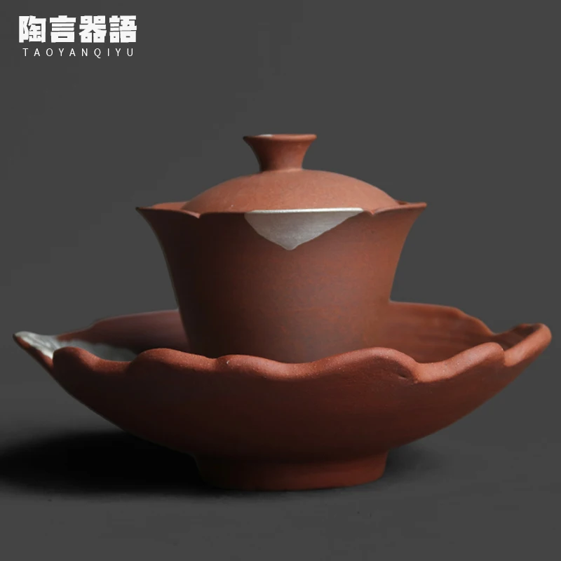 Rough Pottery Old Rock Clay Hand Painted Silver Petal Covered Bowl Handmade Pottery Wide Mouth Tea Bag Tea Brewing Bowl