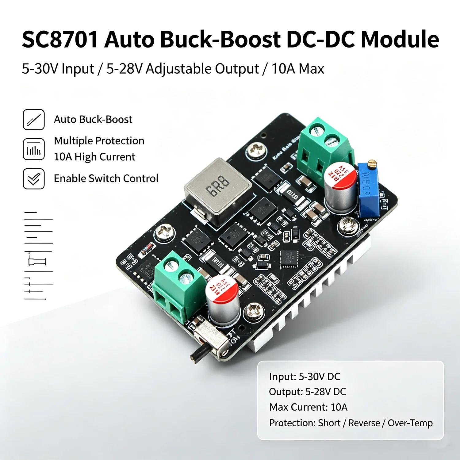 Image of DYKB SC8701 Buck-Boost-Wandler 5-30V Eingang 5-28V Ausgang 10A für Solarstromregelung & -stabilisierung Spannungsreglermodul