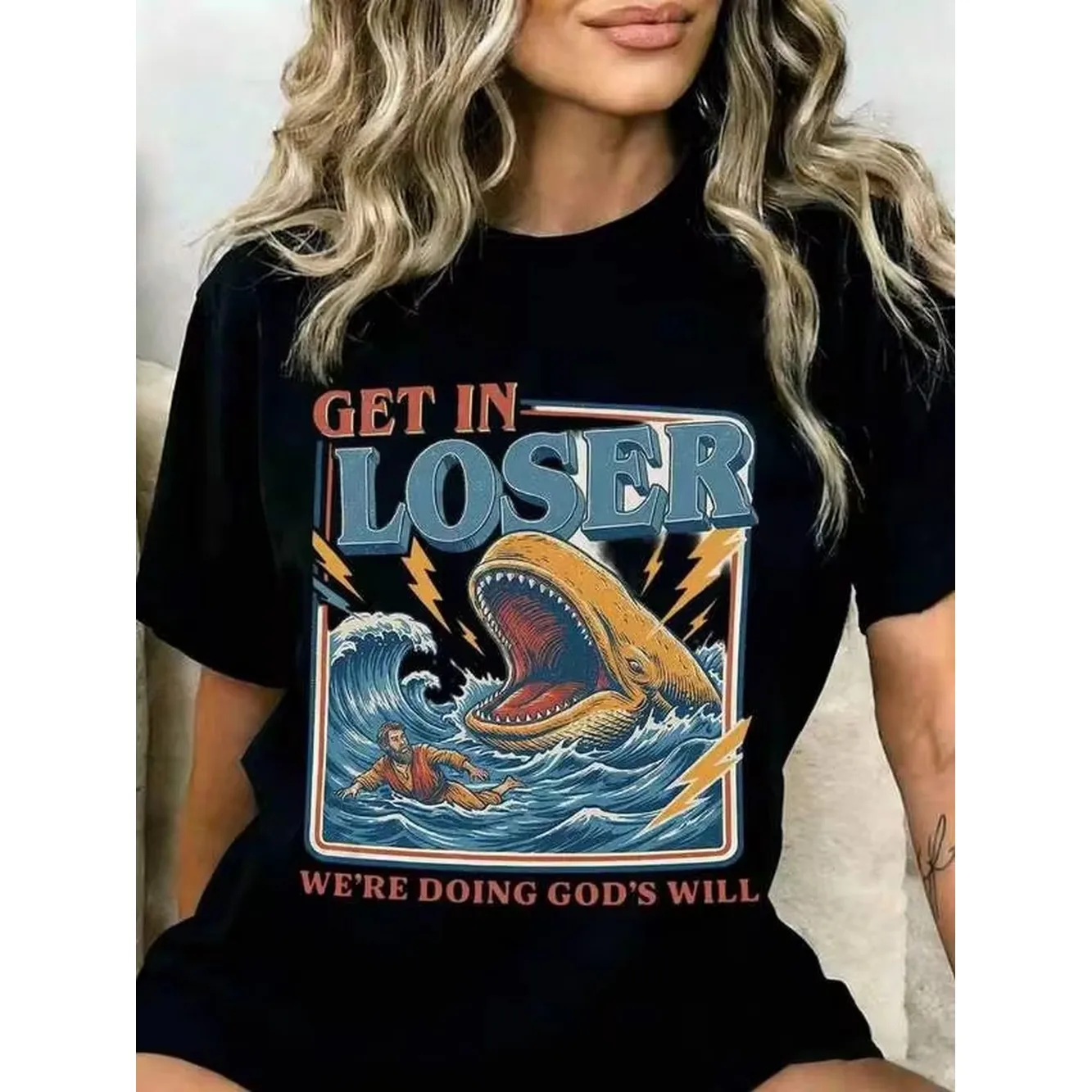 Get In Loser Were Doing Gods Will T Shirt With Whale And Man Design For Casual Wear And Religious Humor Apparel,Women's Oversized Graphic Tee, Casual
