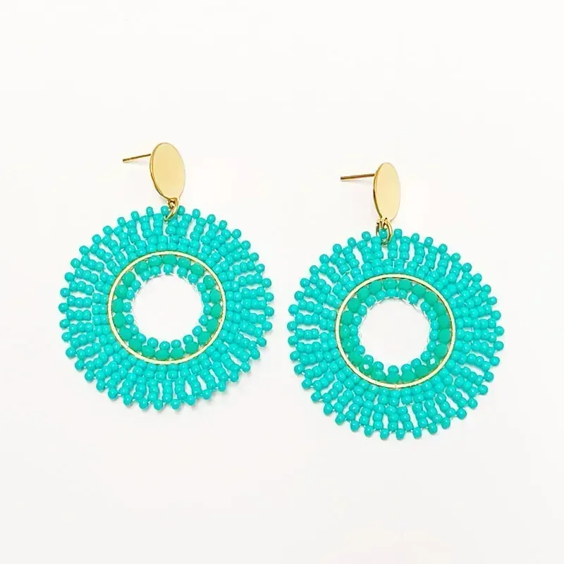 Bohemian Style Alloy Crystal Beaded Earrings Hollow out Rice Beads Hand Knitted round Fashion Jewelry for Women