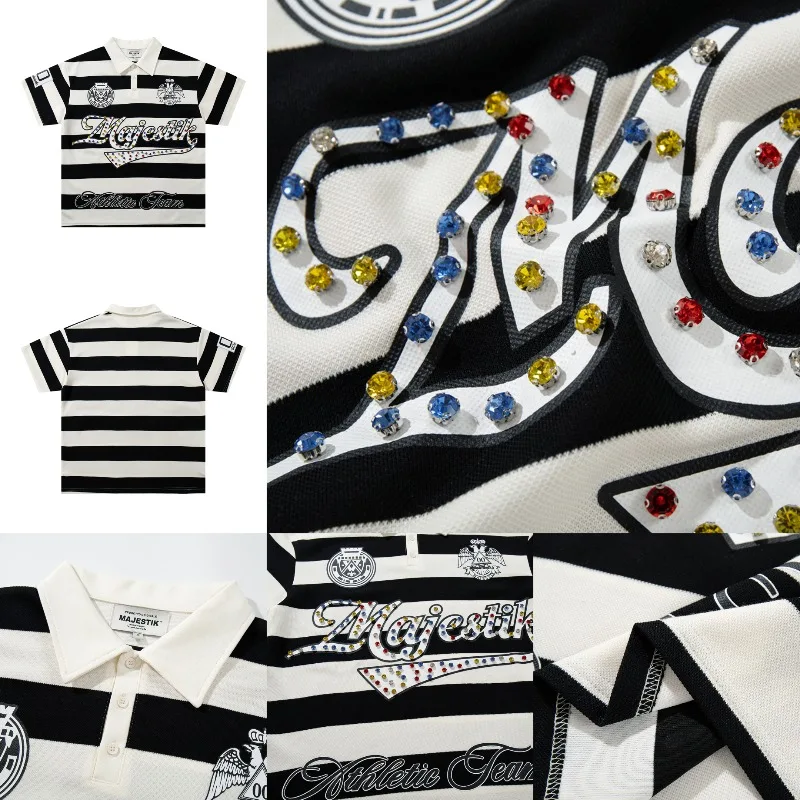 New MAJESTIK Tops American Style Trend Rhinestone Printed Men's Women's Striped Short Sleeved T-shirts Stock