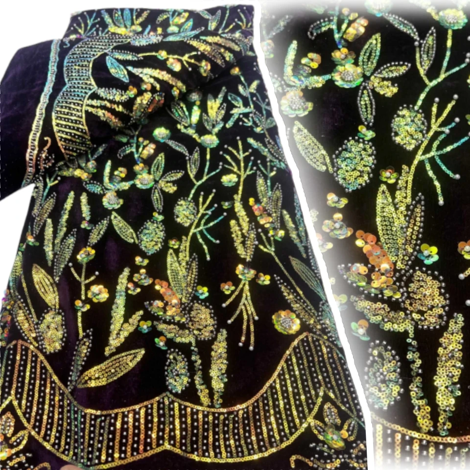 

Роскошная нигерийская бархатная кружевная ткань с блестками, высокое качество, африканская тяжелая кружевная ткань с бисером и жемчугом для женских вечерних платьев 2020