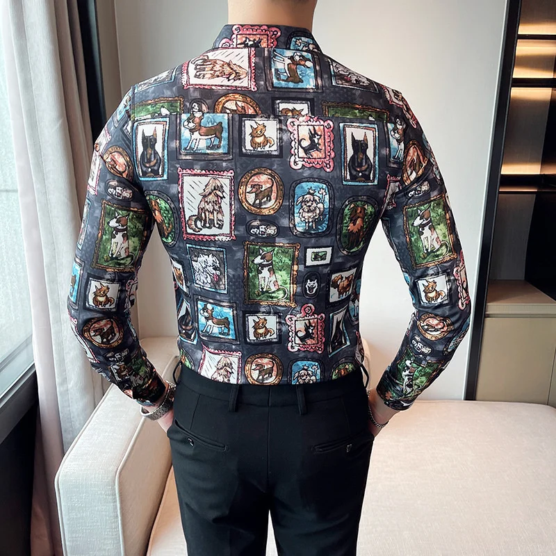 

Shirt Korean Fashion Luxury Autumn Graffiti Dog Print Men Holiday Style Long Sleeve Camisas Para Hombre Men Clothes Shirt Men