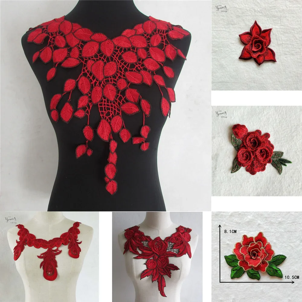 Red Openwork Lace Neckline DIY Embroidery Applique Sewing Lace Collar Decorative Ladies Clothing Neckline Decals Accessories