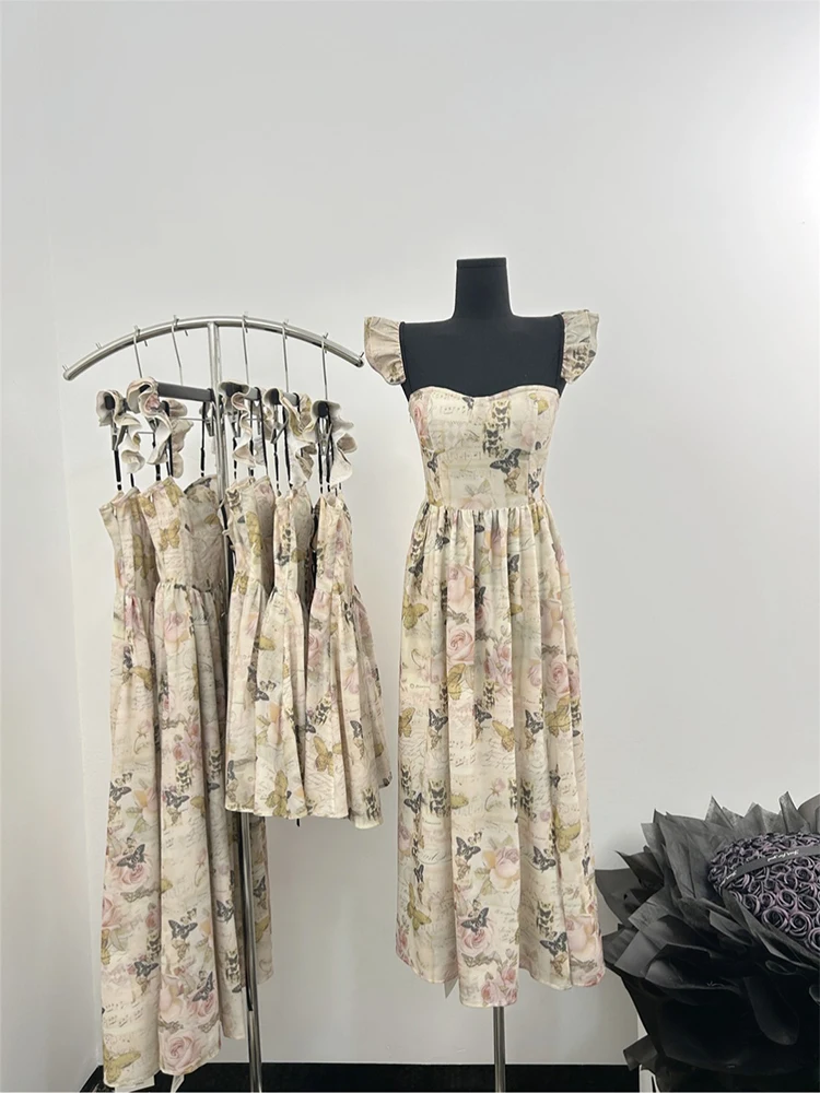 Summer French Vintage Cottage Core Coquette Mini Floral Dress Women Long Frocks Party Evening One-Piece Aesthetic Square Collar