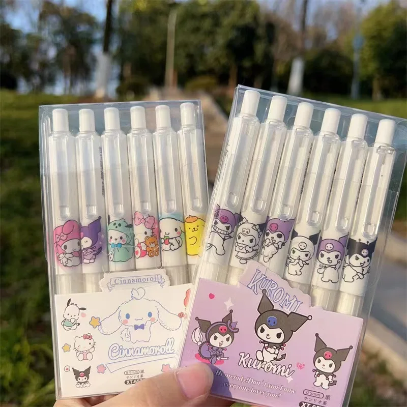 6pcs Cartoon Gel Pen Hello Kitty Cartoon Cinnamoroll Kuromi Quick Drying Black 0.5mm Ballpoint Pen Student Stationery Supplies