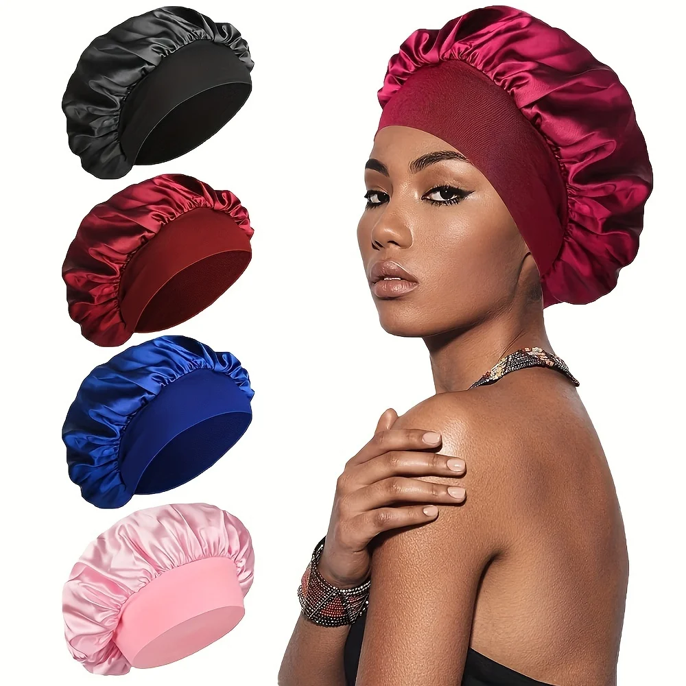 4 pcs Satin Hair Bonnet with Wide Elastic Band - Perfect for Sleeping, Showering, and Curly/Natural Hair Care