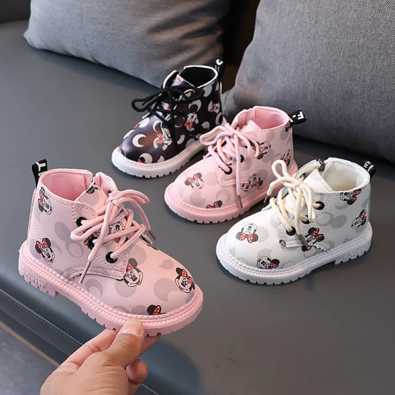 Disney Girls Boots Kids Fashion Rubber Boots Cool Girl Autumn Soft Sole Pink with Cute Minnie Side Zip Princess Round-toe PU