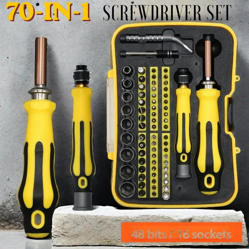 70-in-1 Precision Screwdriver Set with 4mm/6.35mm Bits M5-M13 Sockets for Phone PC Glasses Repair Hangable Storage Case