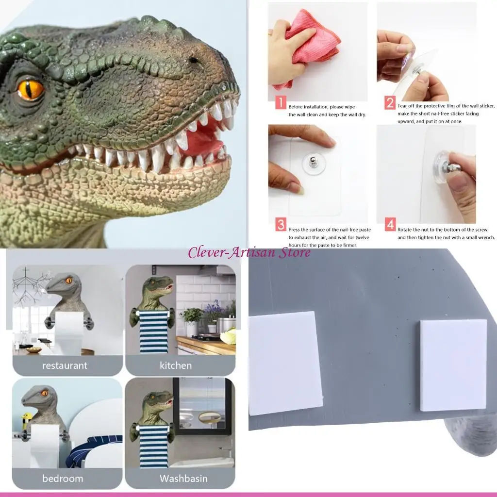 

E06B 3D Dinosaur Roll Paper Holder Wall-mounted Toilet Paper Rack Tyrannosaurus Decor