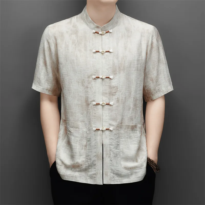 Skin-Friendly Exquisite Frog Button Shirts For Men Short Sleeved Summer Quality Soft Breathable Tang Costume Print Chemise Homme