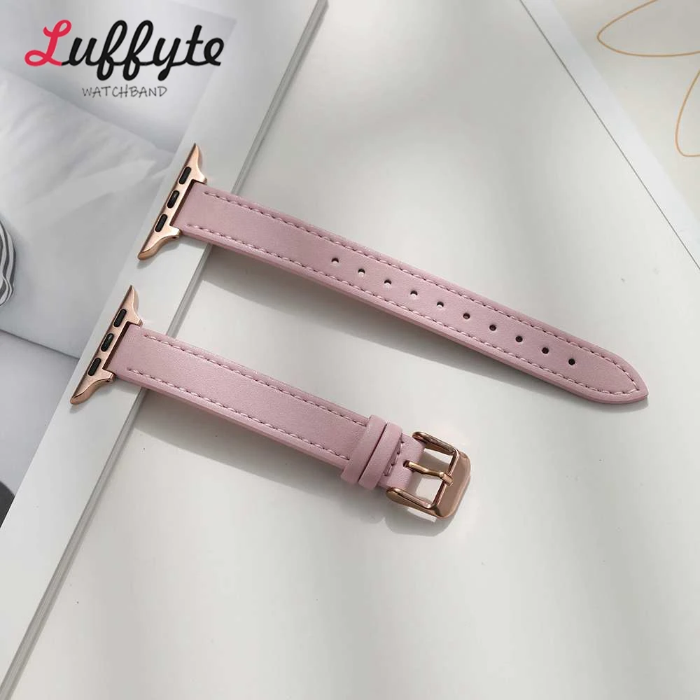 Schlankes Lederarmband für Apple Watch 1–10 Ultra SE 2, Damenarmband mit roségoldener Schnalle, 38 40 41 42 44 45 46 49 mm – Detail 7