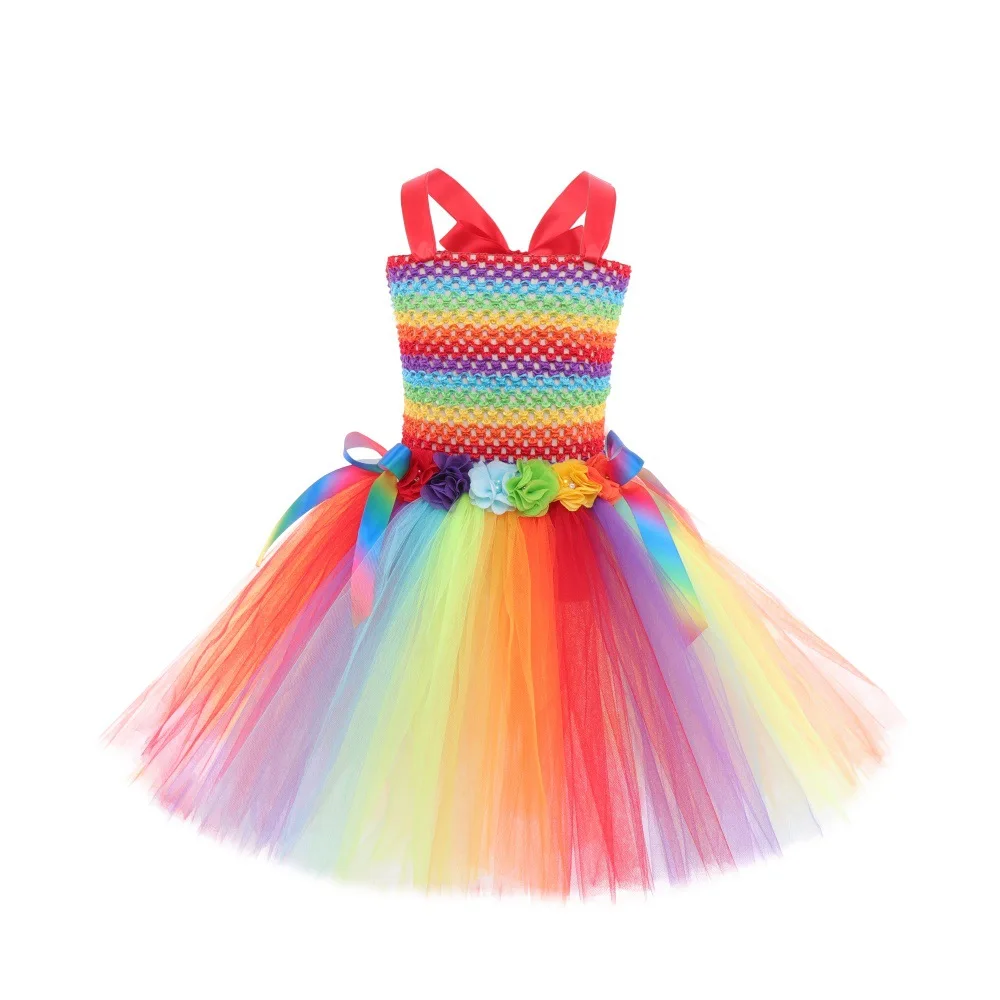 Rainbow Color Butterfly Fairy Sweet Fluffy Princess Tutu Dress With Wings Headband Outfit Halloween Carnival Party Role Play Set
