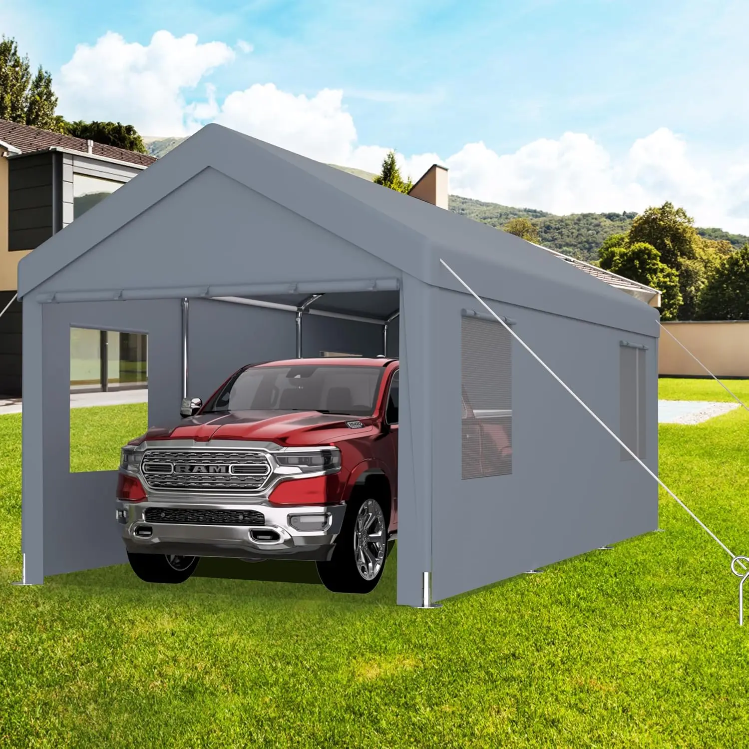 10x20 FT Grey Portable Carport Garage, Outdoor Vehicle Shelter Storage Tent, Customized