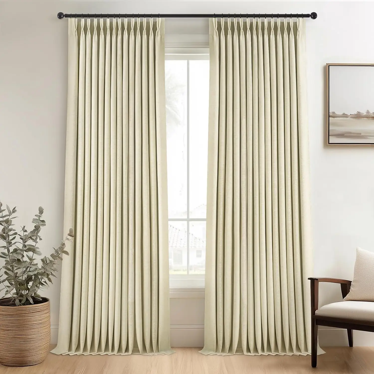 

Pinch Pleated Full Blackout Linen Curtains 84 Inch for Bedroom Living Room,Fall Beige Double Layer Linen Blended Room D