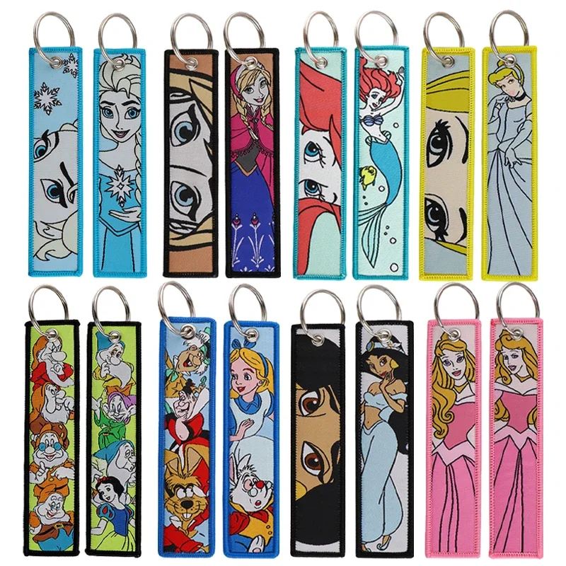 Disney Princess Series Embroidered Keychain Anime Cartoon Frozen Elsa Keyring Tag for Women Girls Creativity Backpack Accessory