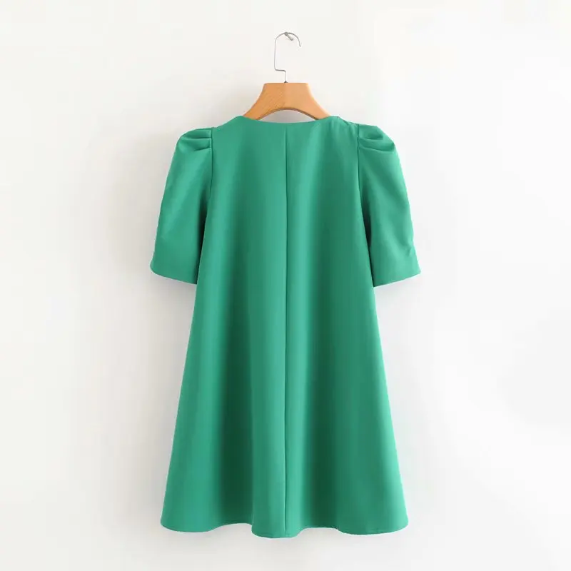 New 2020 women fashion v neck pleats puff sleeve solid green mini dress chic office lady vestidos casual straight dresses DS3681