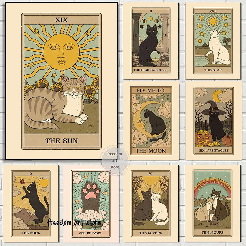 Cats Tarot Art Poster The Sun Queen of Wands Ace of Paws Knight of Cups Art Poster Canvas Painting Wall Print Picture Home Decor