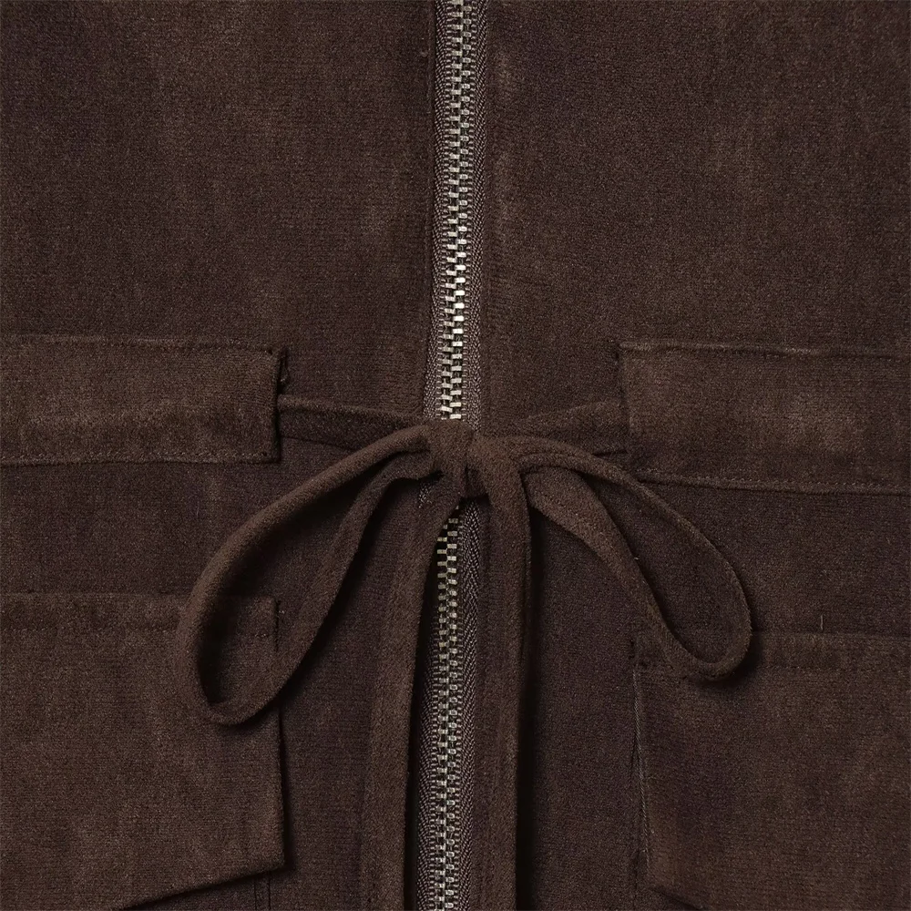 เสื้อกั๊กแฟชั่นผู้หญิงผ้าหนังกลับคอวีแขนกุดสำหรับฤดูใบไม้ร่วง พร้อมกระโปรงทรงเอวสูงความยาวปานกลาง