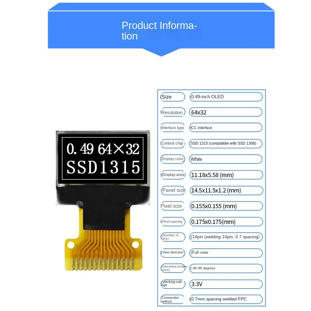 Inteligente IPS หน้าจอ OLED จอแสดงผล 0.49 นิ้ว 14PIN หน้าจอ OLED Board I2C อินเทอร์เฟซ 3.3V โมดูลจอแสดงผล OLED LCD