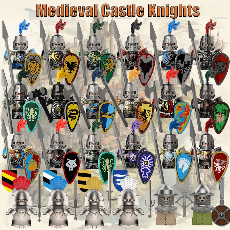 MOC – blocs de construction de soldats de chevalier militaire médiéval, angleterre, France, château sacré romain, Lion, loup, Dragon, chauve-souris, corbeau, briques, jouet cadeau