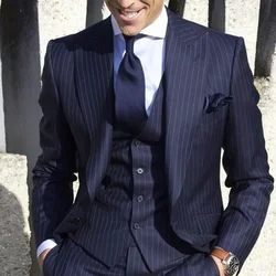 2023 Men Suits Stripe Blazer Wedding Male Groom Tuxedos Suit with Pants 3 Pieces (Jacket+Pants+Vest) Costume Homme