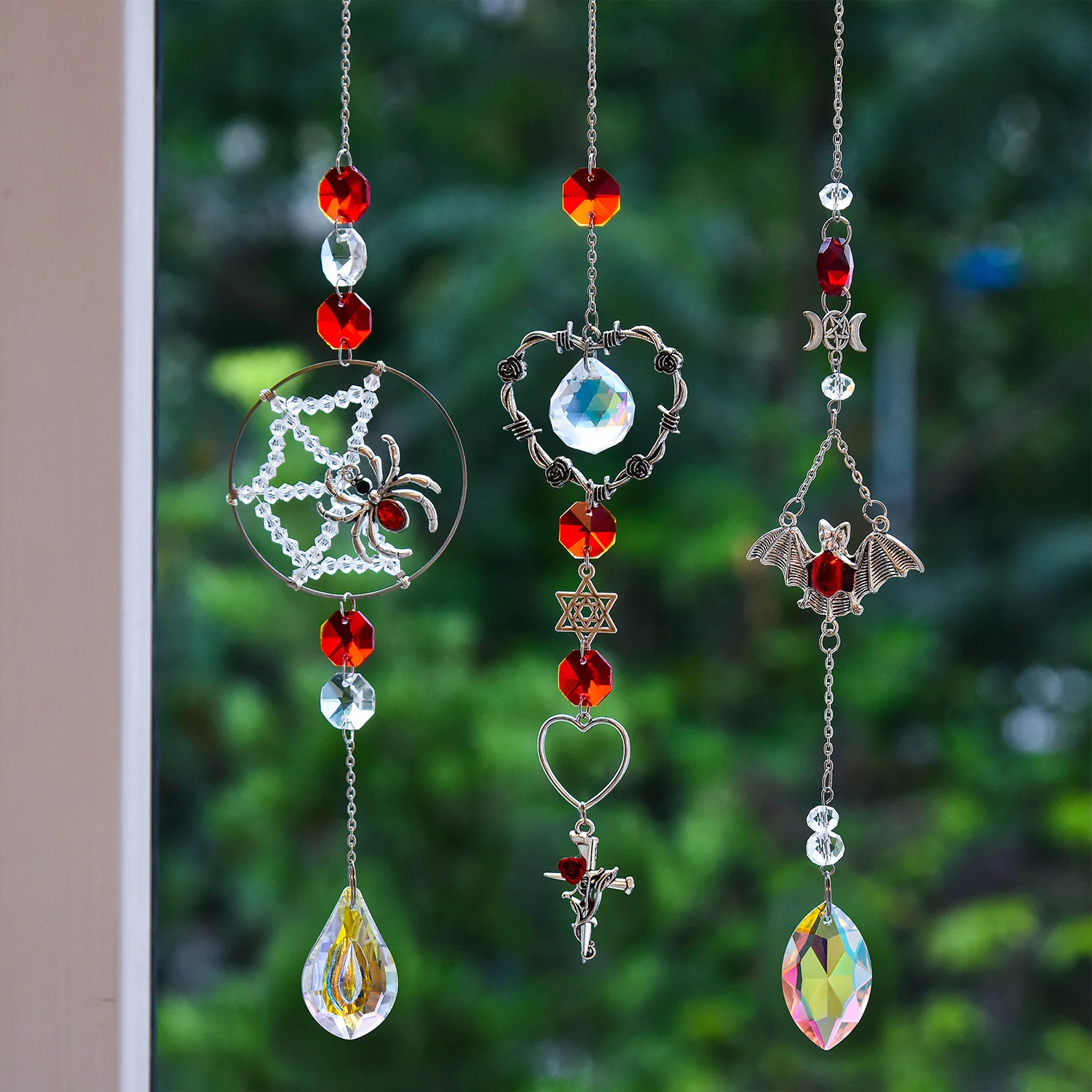 Picture 6: 3pcs Spider Web Wall Mounted Wind Chime with Crystal Home and Garden Decor Gothic Halloween Horror Spider Web Decoration