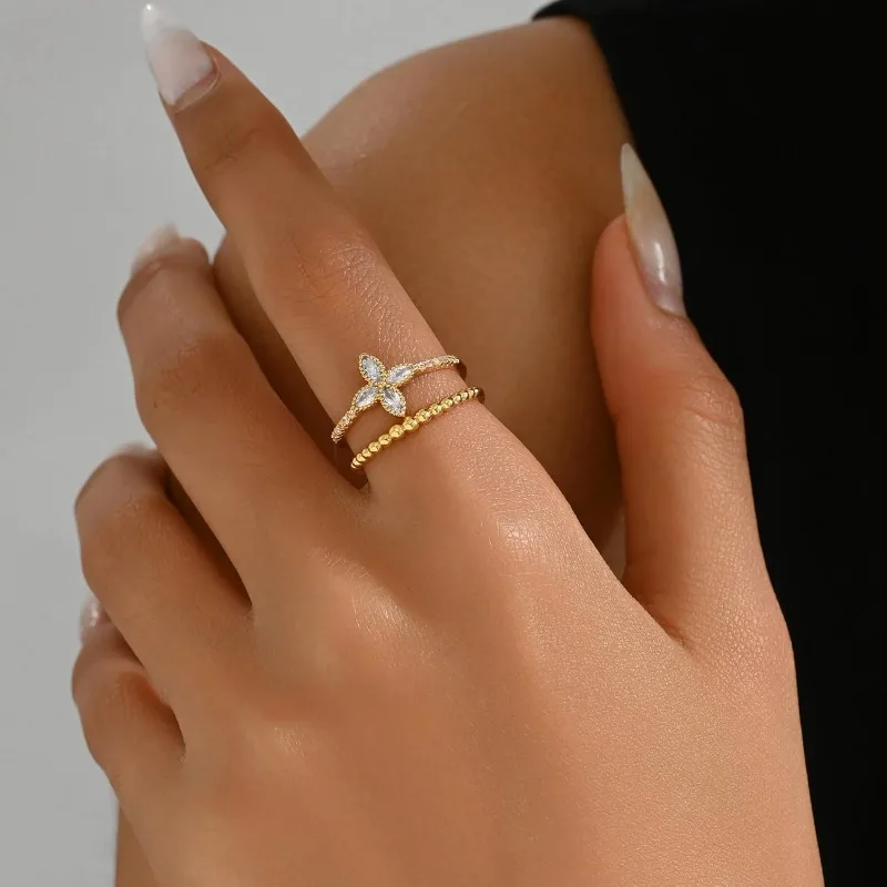 Open Stackable Clover Rings for Women 18K Gold Plated Dainty CZ Flower Feather Hollow Stacking D Rings Wedding Jewelry Gifts