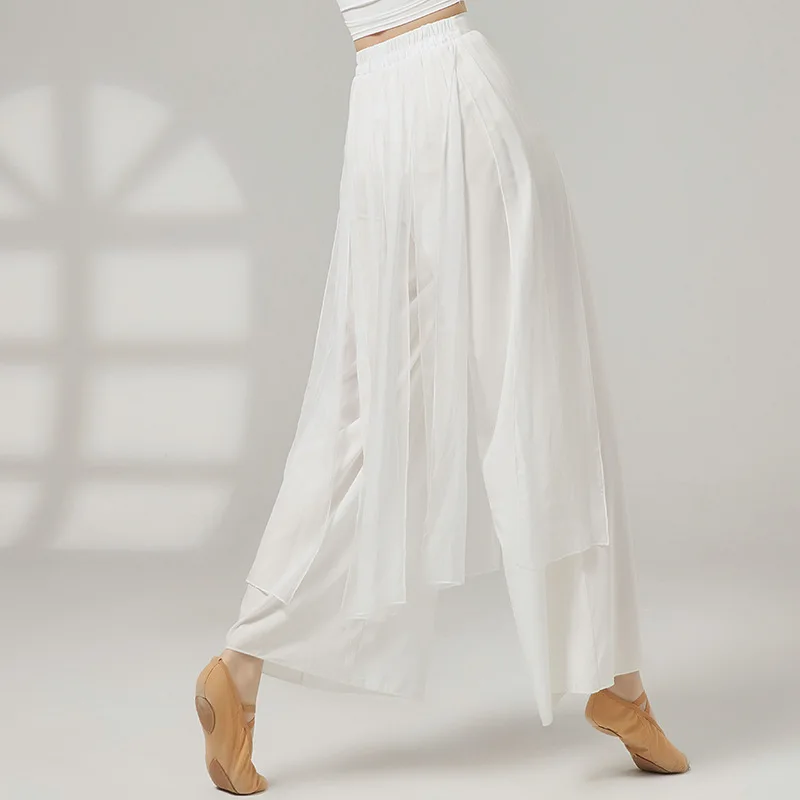 여성용 클래식 댄스 바지 우아한 성인용 더블 레이어 쉬폰 모던 댄스 바지 중국 민속 무용 바지 발레 의상