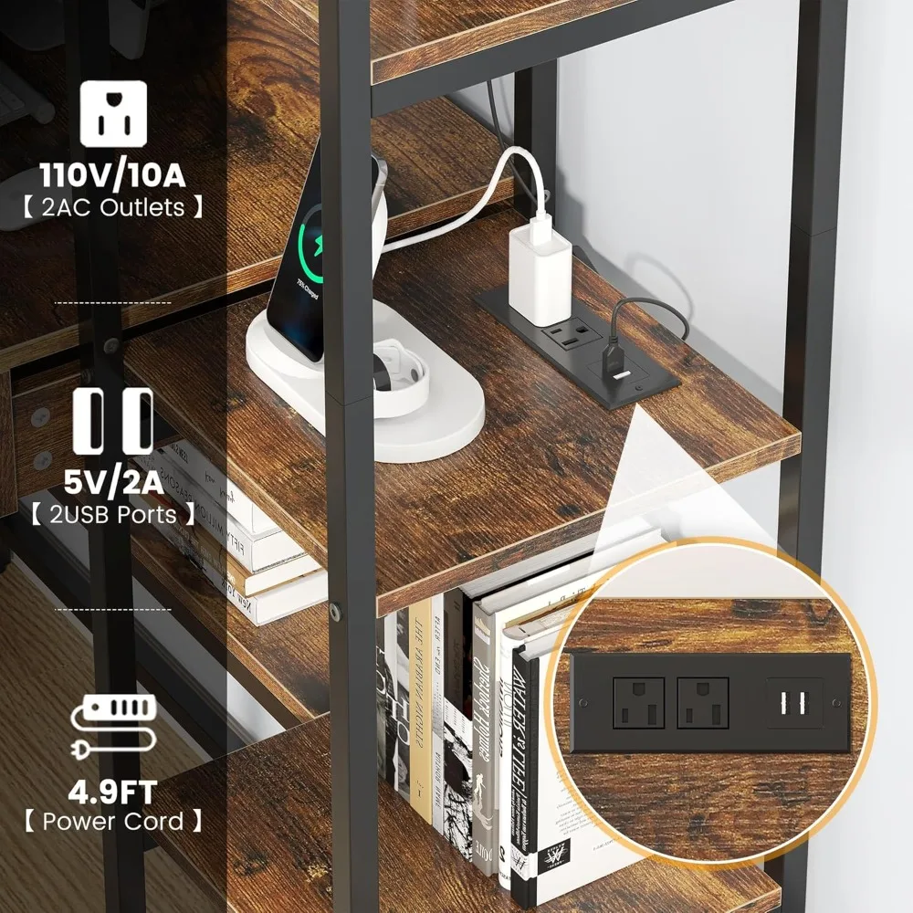 

5 Tiers Rustic Bookshelf with Home Office Desk and RGB Lights and Power Outlet, 71.1" Tall Book Shelf with Drawer, Customized