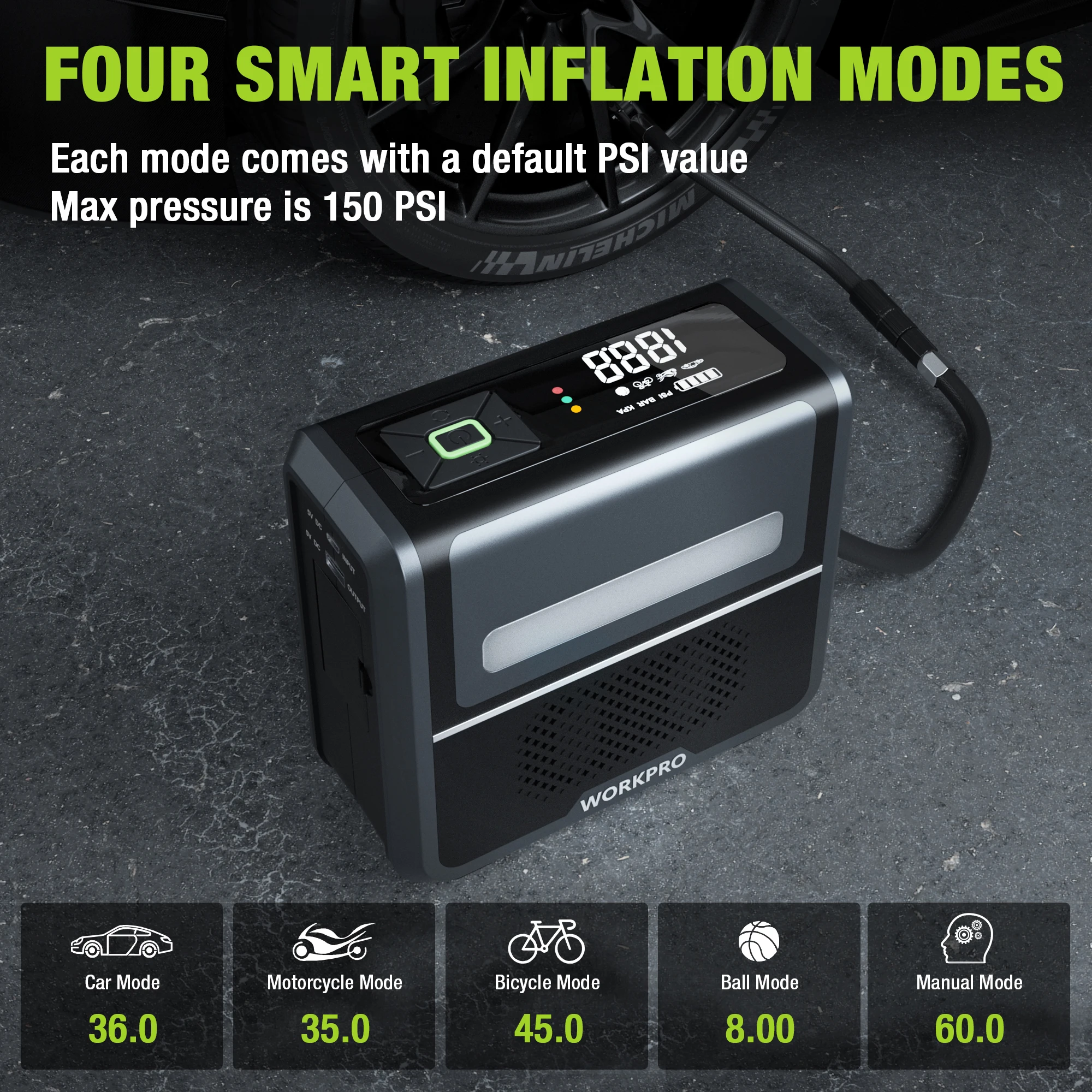 Imagem -02 - Workpro-bomba de ar Recarregável Portátil Inflator Pneu sem Fio Compressor Digital Fit para Motocicleta Bicicleta Bolas