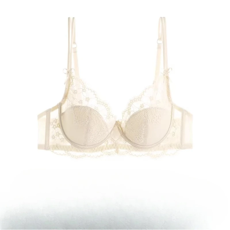 Conjunto de Lencería Francesa Sexy, Sujetador de Encaje con Flores Retro, Tanga, Malla Transparente Ultrafina, Mini Push-Up para Busto Grande, Sujetadores Sexys YEMOMO AB