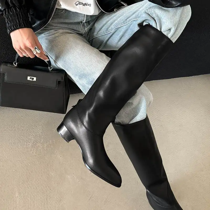 Krazing Pot Cow Split Leather Slip On Luxury Thick Med Heels Modern Riding Boots Winter Fall Vintage Brand Women Knee High Boots