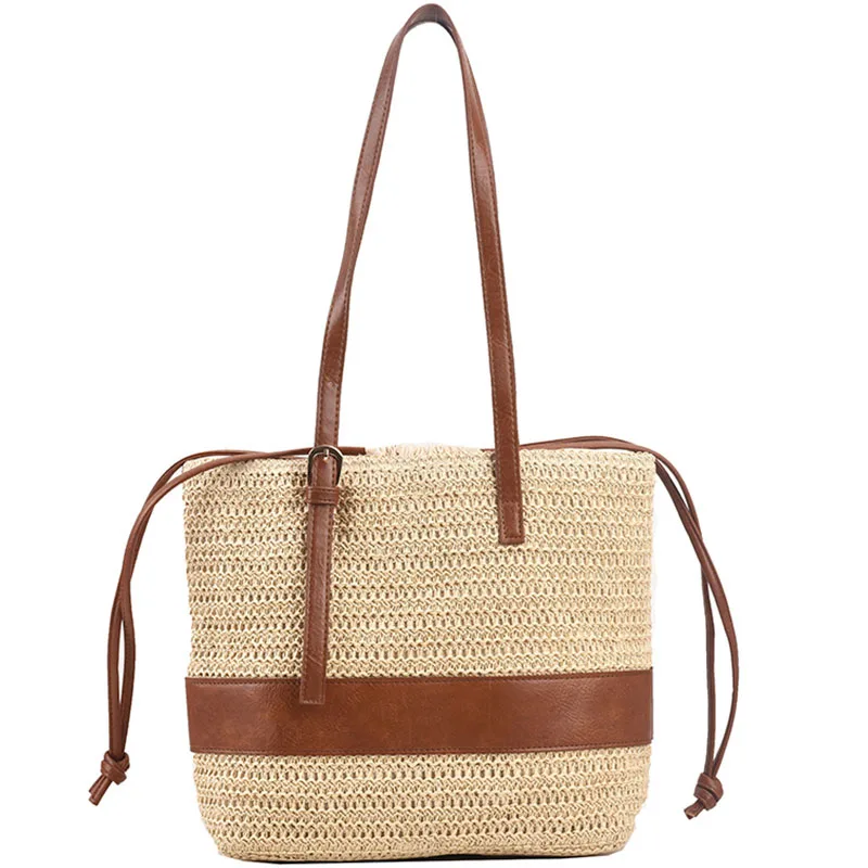 Summer Straw Bag For Women Woven Handmade Handbag Large Capacity Lady Tote Vacation Beach Bag Rattan Shoulder Bag splicing Totes