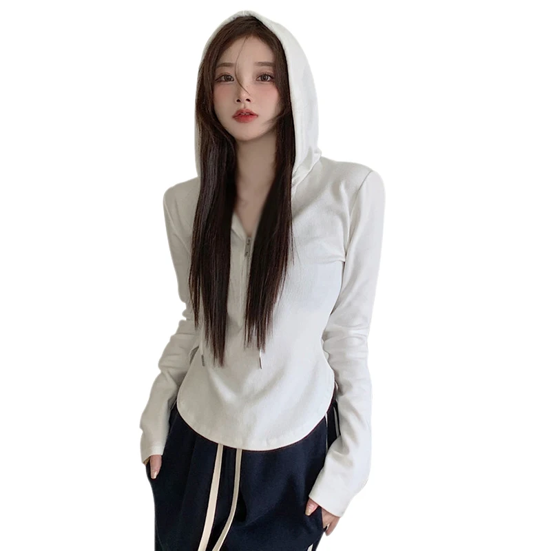 Women\'s Zipper Drawstring Hooded Long Sleeve Cardigan Jacket Solid Color Slim Jacket Casual Ladies Sweatshirt