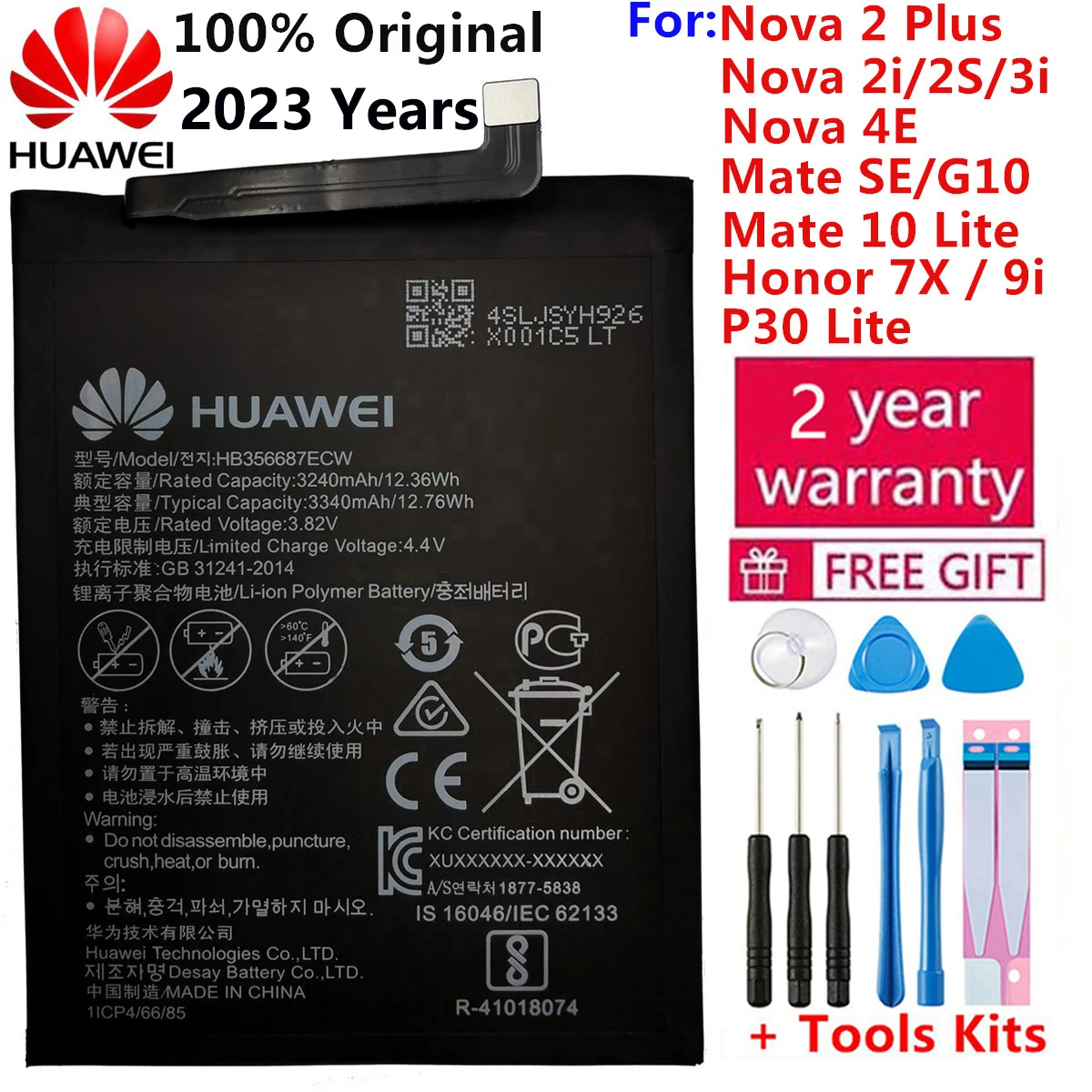 100% Original Battery HB356687ECW For Huawei Nova 2Plus 2i 2S  3i 4e Huawei P30 Lite Mate SE G10 Mate 10 Lite Honor 7X / 9i