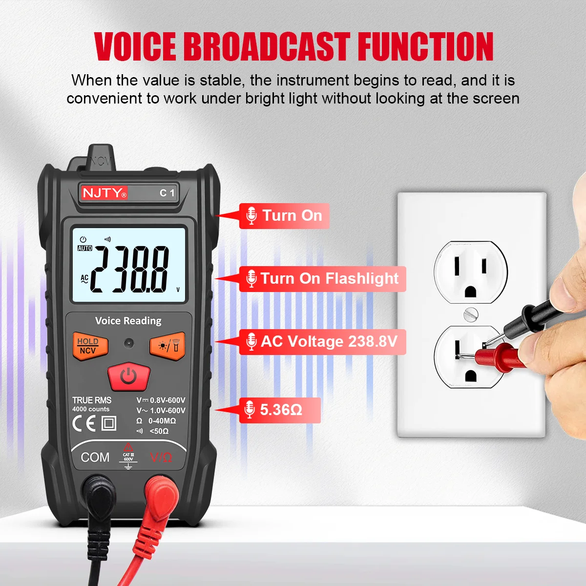 Voice Reading Digital Multimeter, English Voice Broadcast Function, 4000 Counts, NCV, Voltage, Resistance, on-off Testing, TRMS