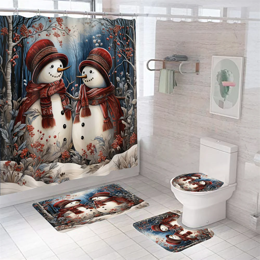 Christmas Polyester Bathroom Shower Curtain Set, Christmas Gifts, Father Christmas Snowman, Happy New Year, Decor