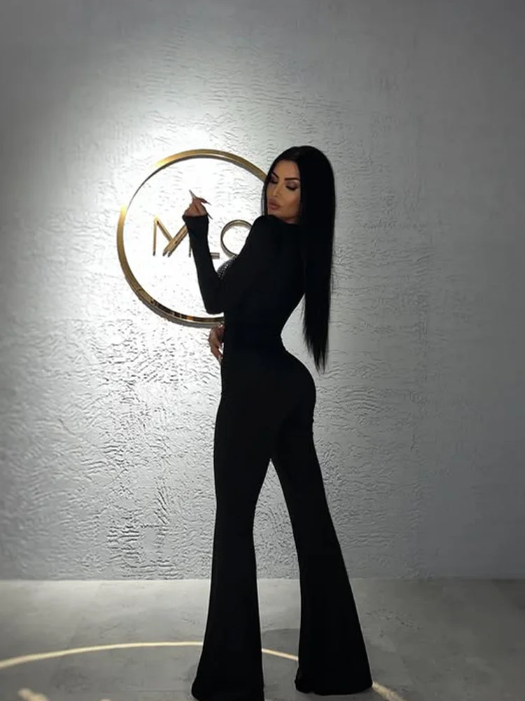 CNYISHE Diamonds Patchwork Hollow Out Women Jumpsuits Long Sleeve V Neck Sheath Fashion Sexy Club Tompers Female Streetwear