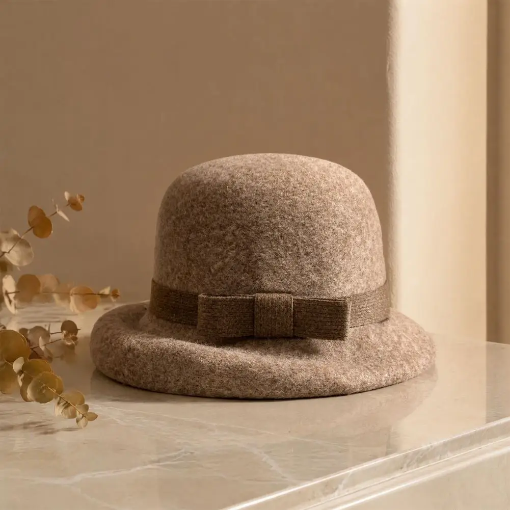 Women Wool Felt Hat Classic Felt Cloche Hat for Women Vintage Soft Fedora Bucket Hat Short Brim Bowler Cap with Bow for Coats