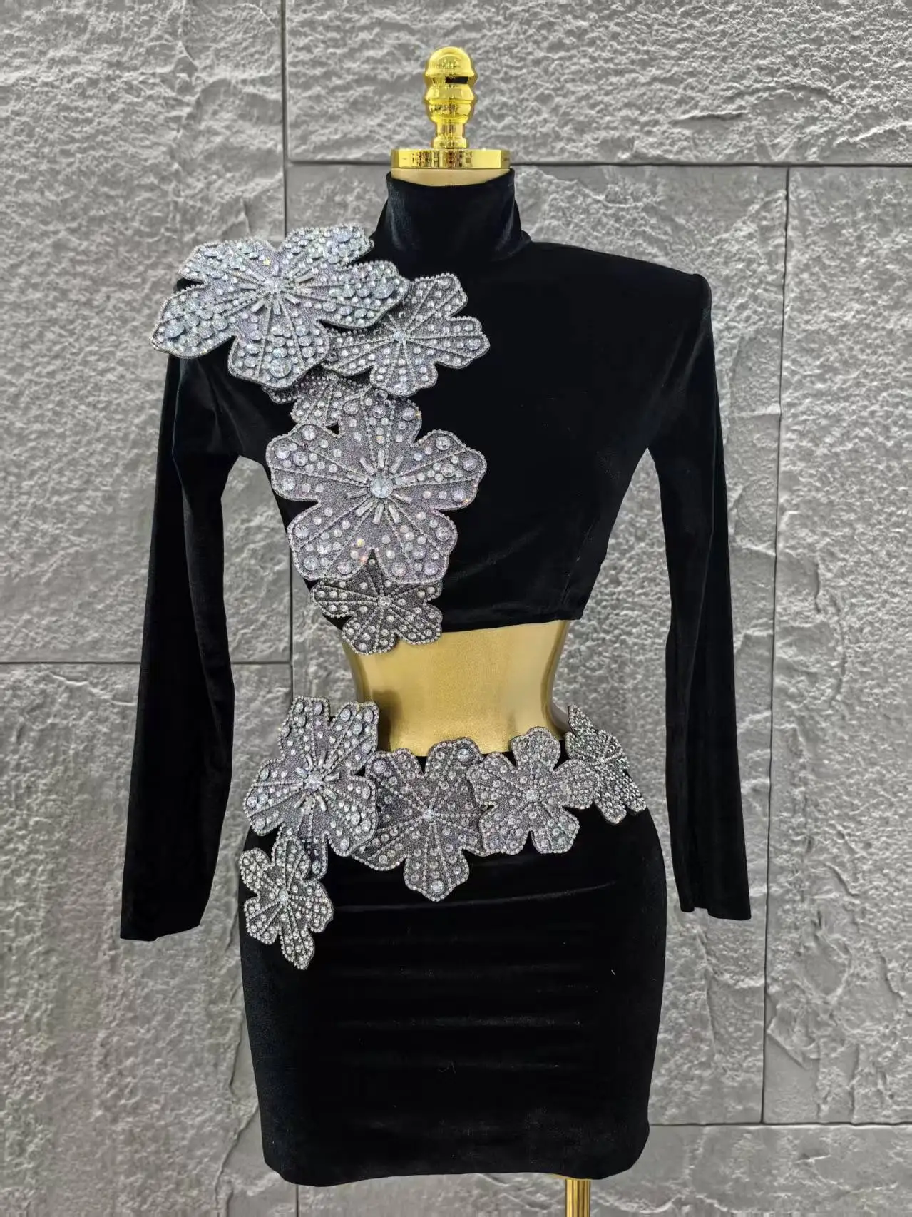 Minimalist Women Long Sleeves Bandage Two Piece Sets Turtleneck Shiny Diamonds Flower Top Bodycon Mini Skirts Suits Evening Club
