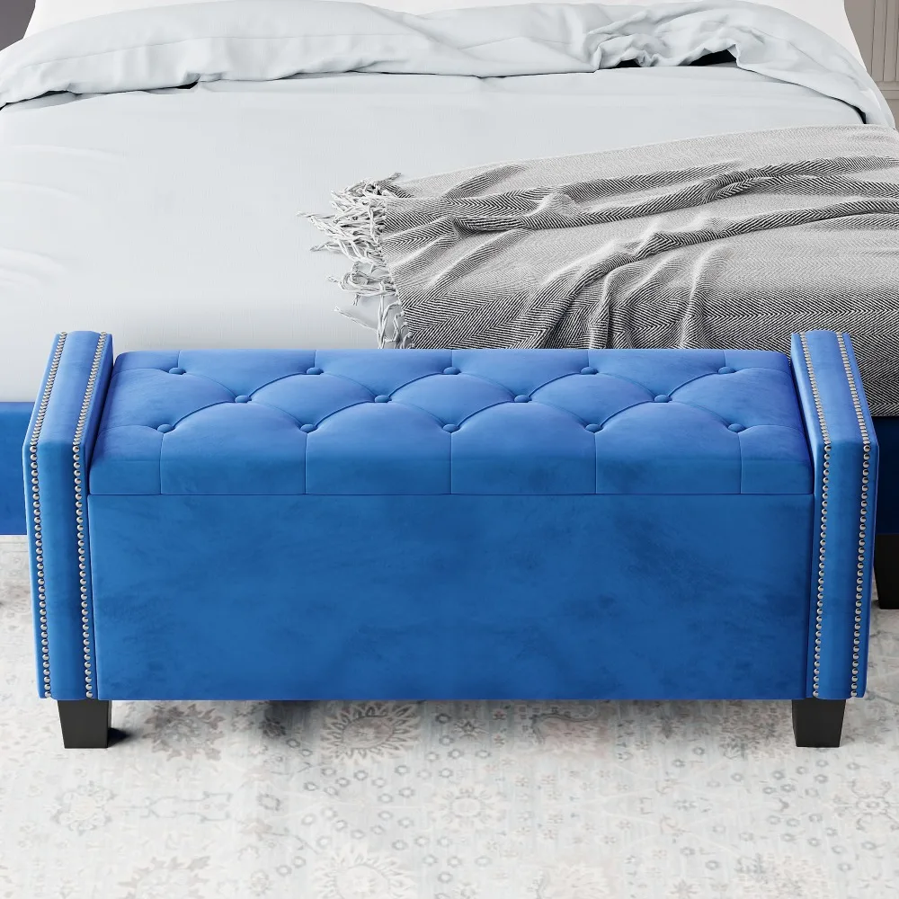 Upholstered Velvet Storage Ottoman Bench for Bedroom, End of Bed Bench with Rivet Design, Tufted Foot Rest Stool