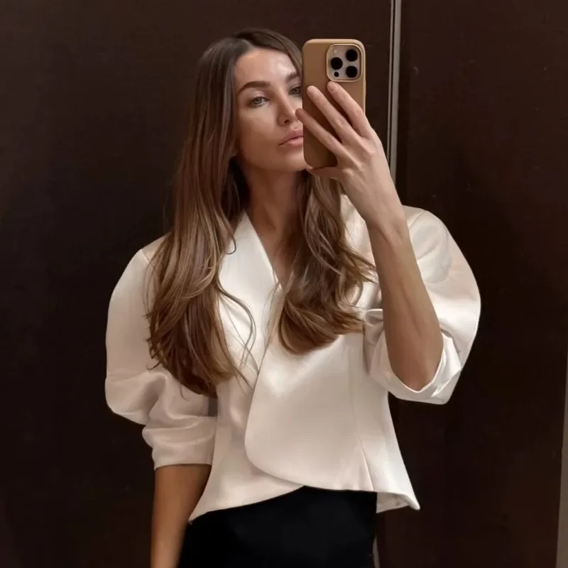 Fashion Satin Puff Sleeve Short Blazer Coat Women Elegant V Neck Loose Cropped Tops 2026 Lady Casual Commute Street Outerwear