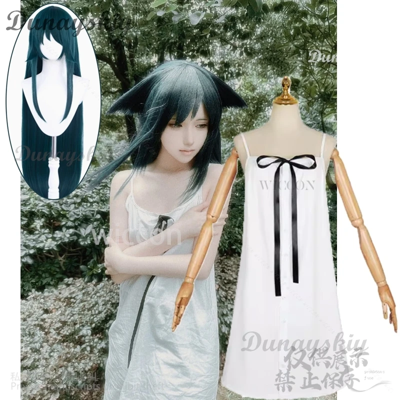 Anime Game The Song Of Saya Japanese Saya Cosplay Costume White Dress Lolita Cos Dark Green Long Wigs Halloween Party Tentacles