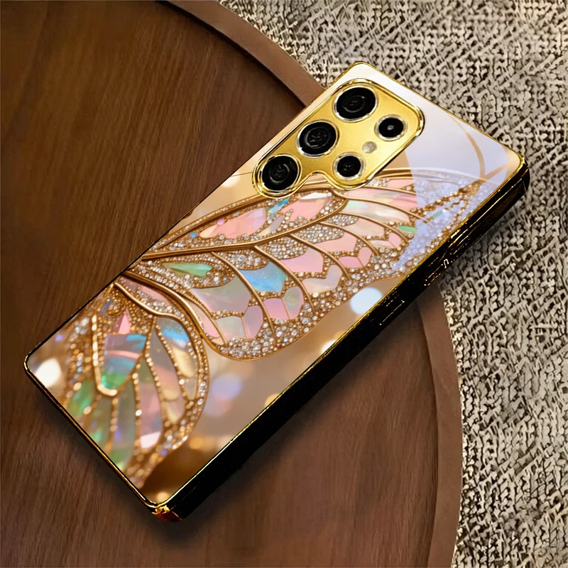 Iridescent Butterfly Electroplated Golden Phone Case For Samsung A23 A33 A53 A73 A14 A34 A54 A15 A35 A55 A06 A16 A36 Glass Cover