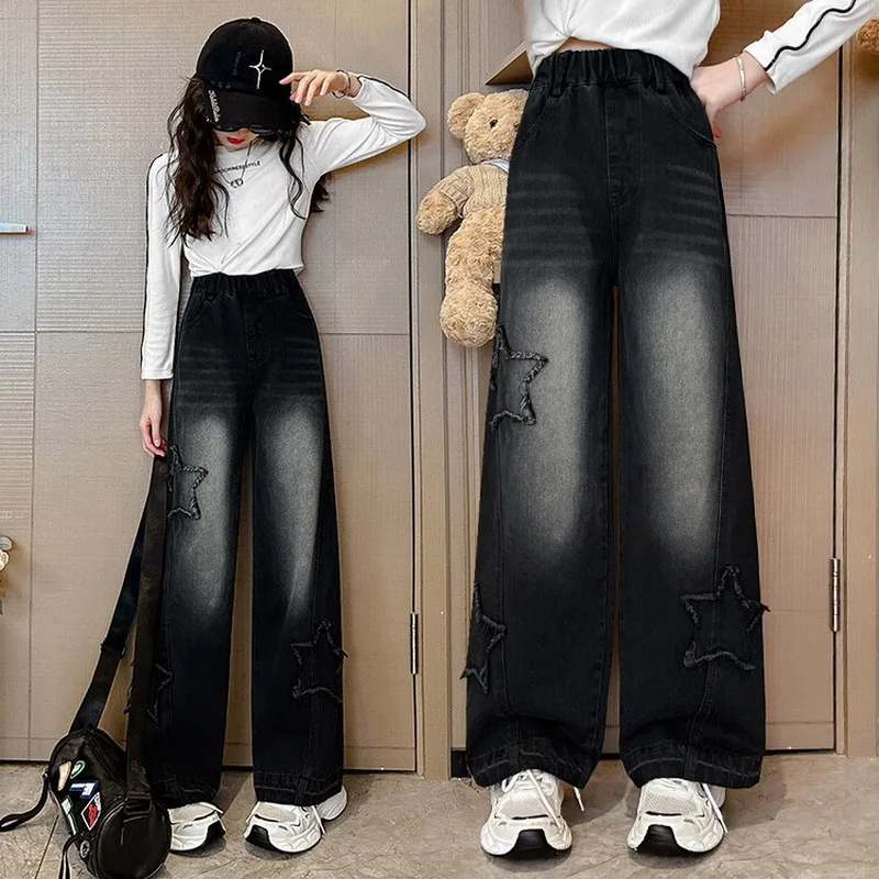 Teenage Girl Retro High Waisted Wide Leg Straight Jeans With Star Pattern For Kids Baby New Causal Denim Pants Girl Trousers