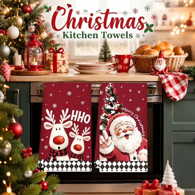 2 packs of Christmas kitchen towels, Santa reindeer dish towels, black and white plaid super soft absorbent hand towels