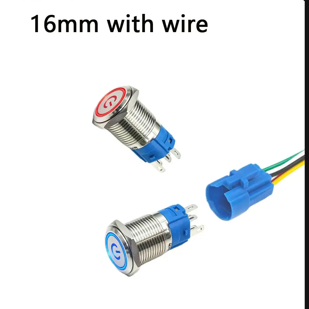 

16mm Led Light Metal Button Switch 12V Waterproof self resetting Power Button Latching Flat Head with Wire 3V 5V 24V 220V Red