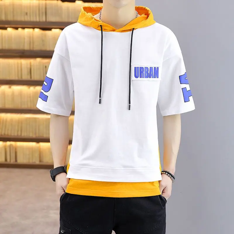 Men\'s T-shirt summer Korean fashion hooded short sleeve shirt hip hop Street trend half sleeve top